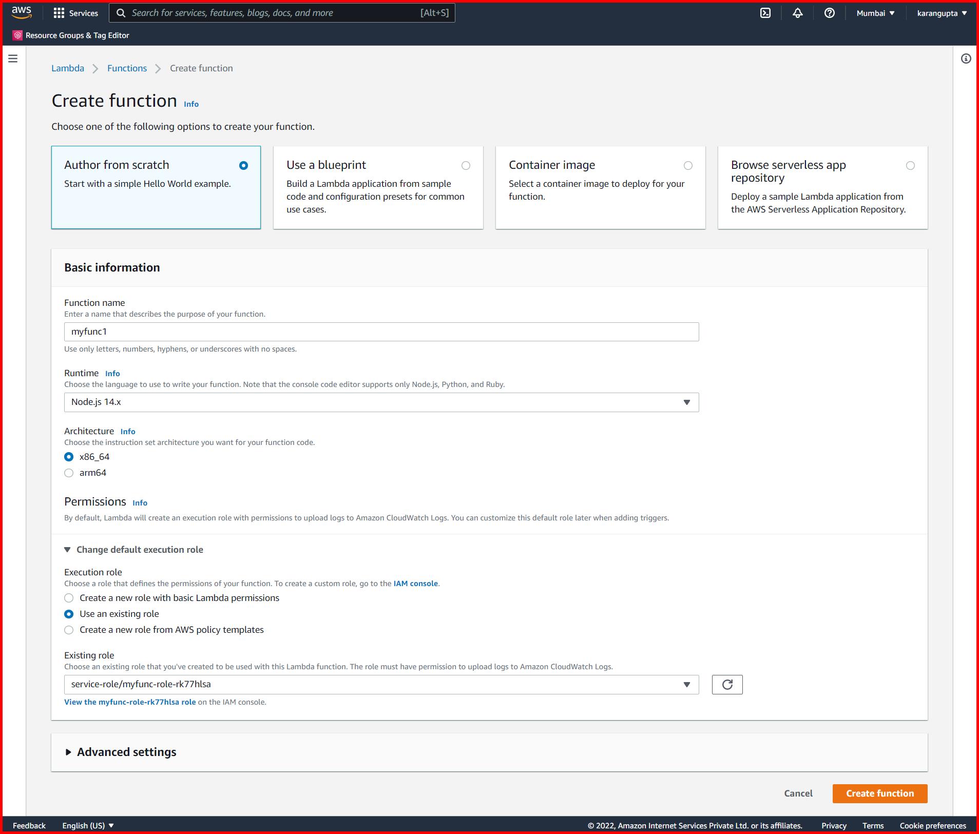 Picture showing the create lambda function screen in AWS console